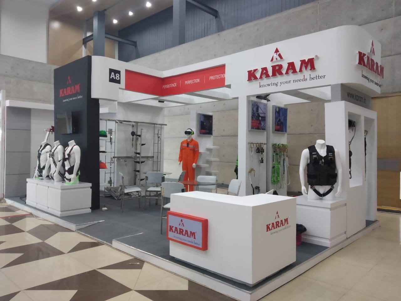 KARAM safety equipment exhibition stand with elevated fascia and product displays